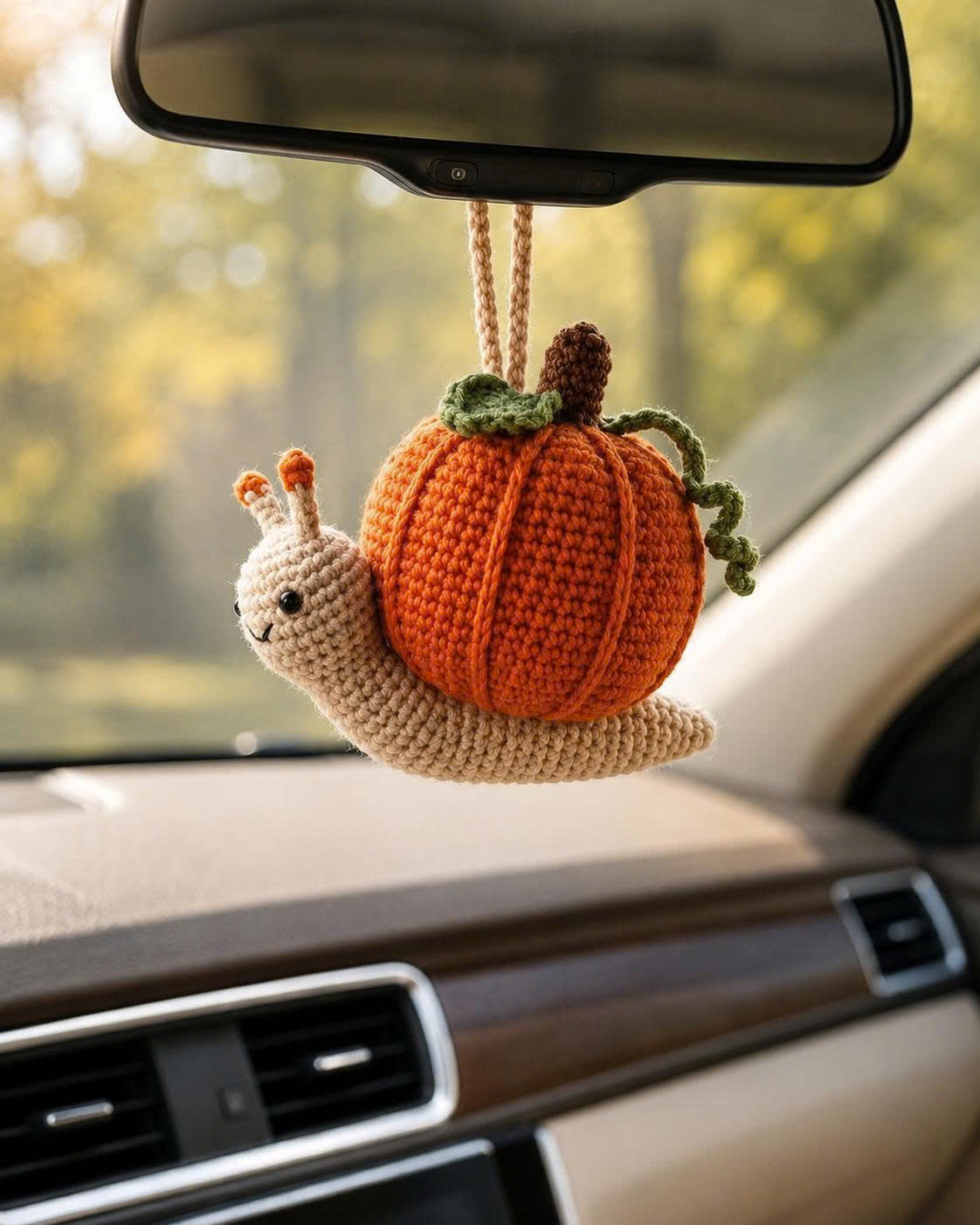 Crochet Halloween Pumpkin Snail Car Hanging | Handmade Fall Charm
