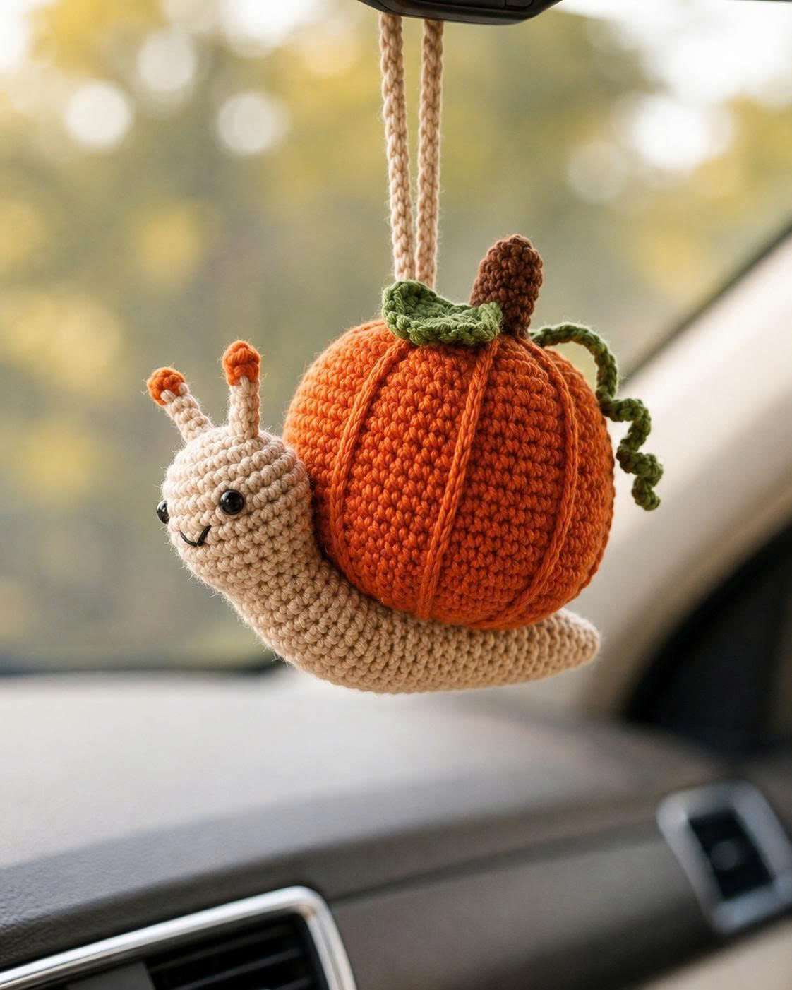Crochet Halloween Pumpkin Snail Car Hanging | Handmade Fall Charm