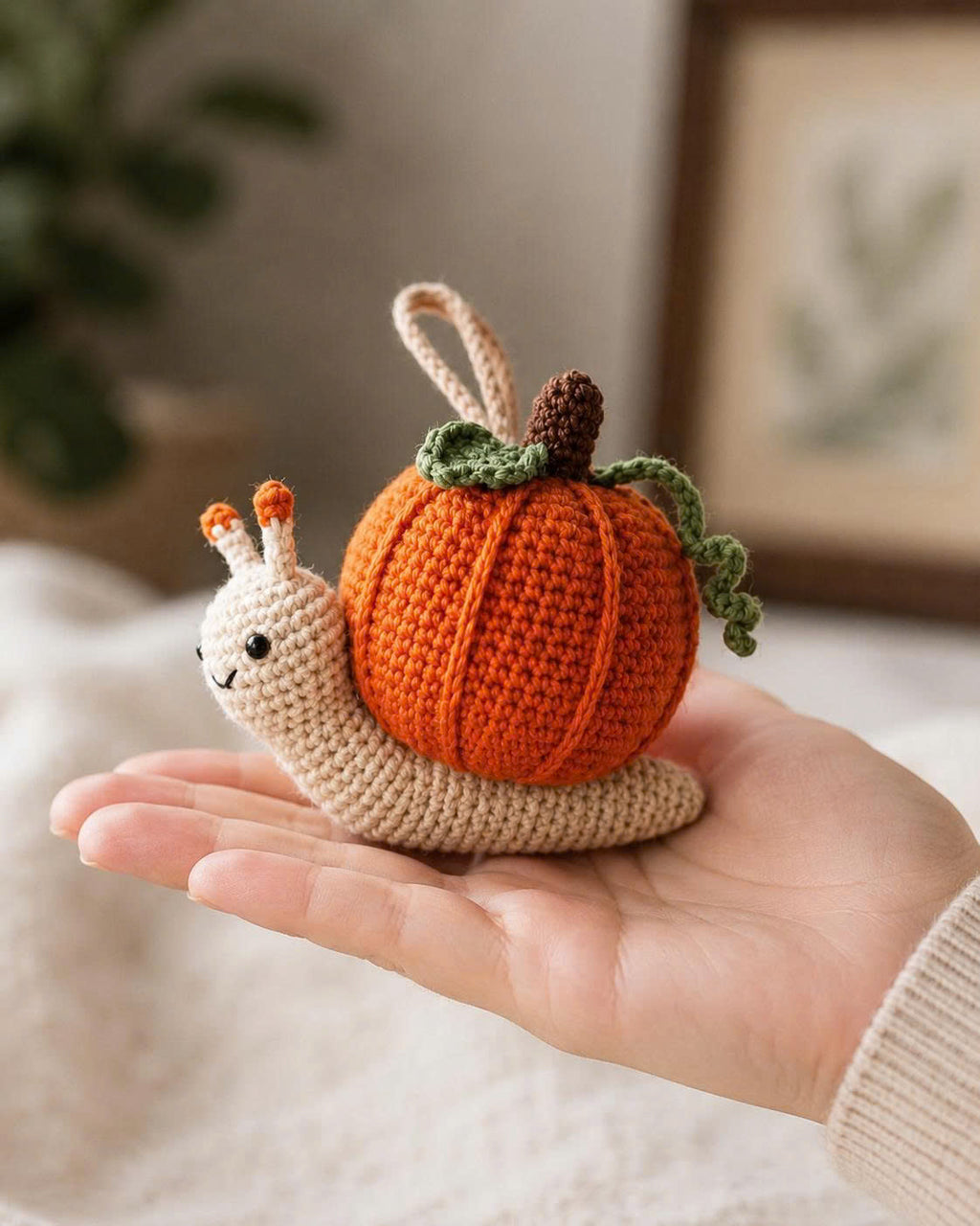 Crochet Halloween Pumpkin Snail Car Hanging | Handmade Fall Charm