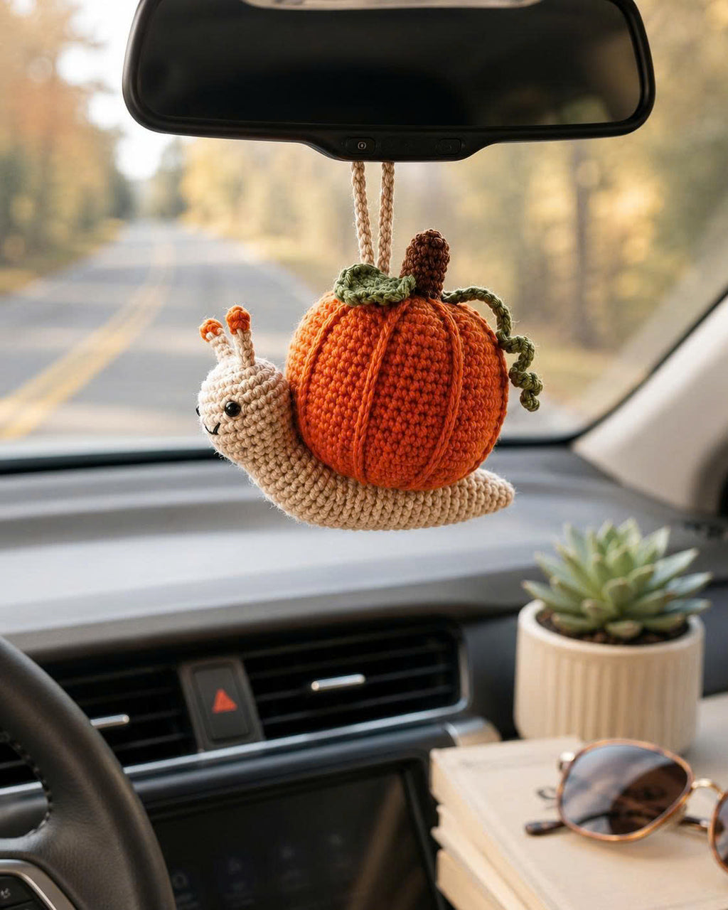 Crochet Halloween Pumpkin Snail Car Hanging | Handmade Fall Charm