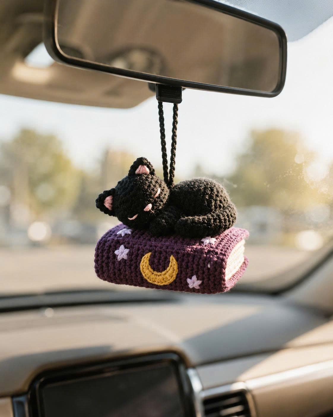 Crochet Cat Sleeping Book Car Hanging | Handmade Halloween Car Charm
