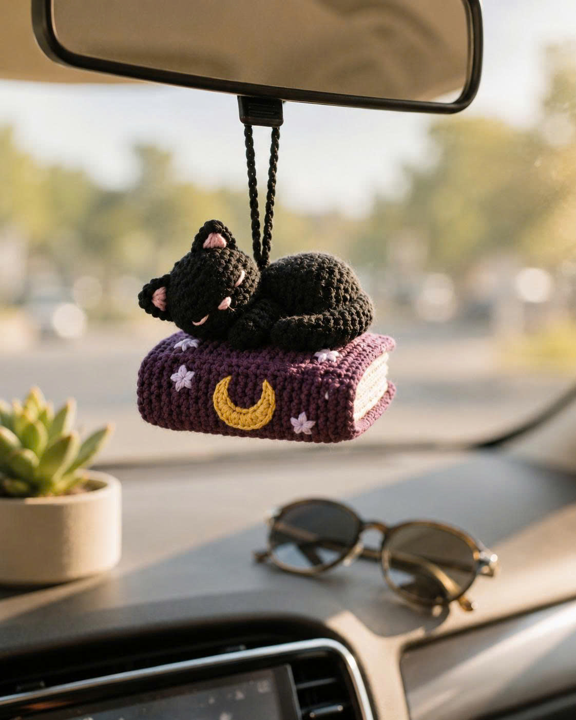 Crochet Cat Sleeping Book Car Hanging | Handmade Halloween Car Charm