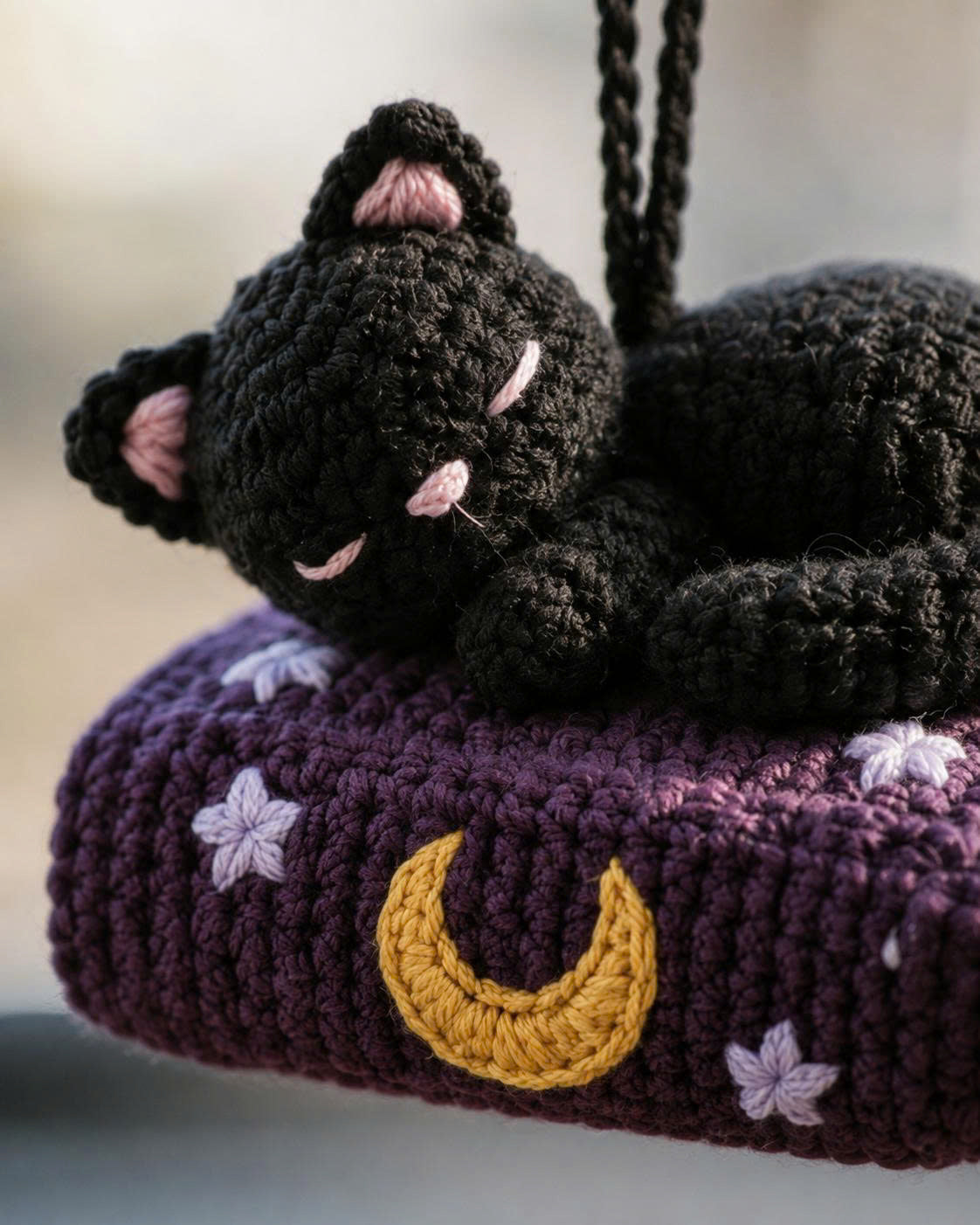Crochet Cat Sleeping Book Car Hanging | Handmade Halloween Car Charm