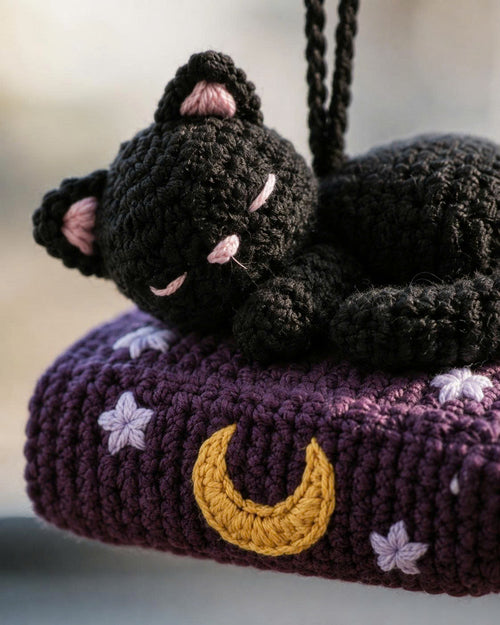 Crochet Cat Sleeping Book Car Hanging | Handmade Halloween Car Charm