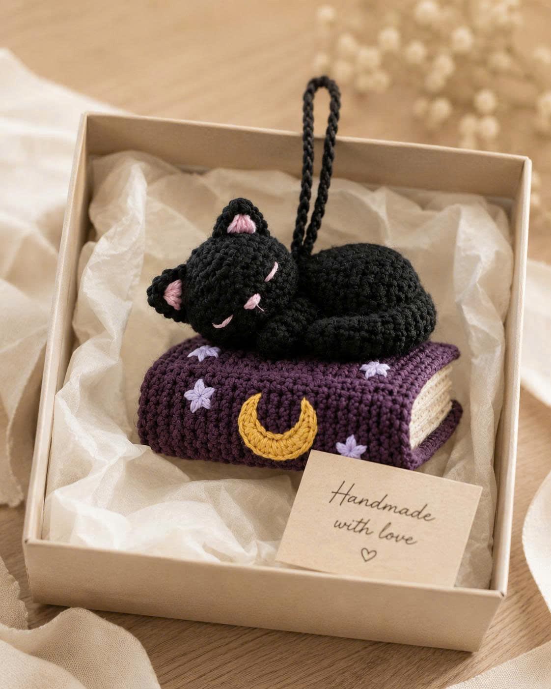 Crochet Cat Sleeping Book Car Hanging | Handmade Halloween Car Charm