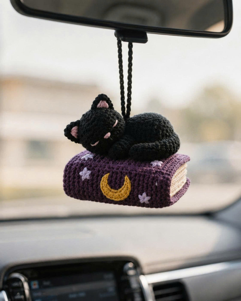 Crochet Cat Sleeping Book Car Hanging | Handmade Halloween Car Charm