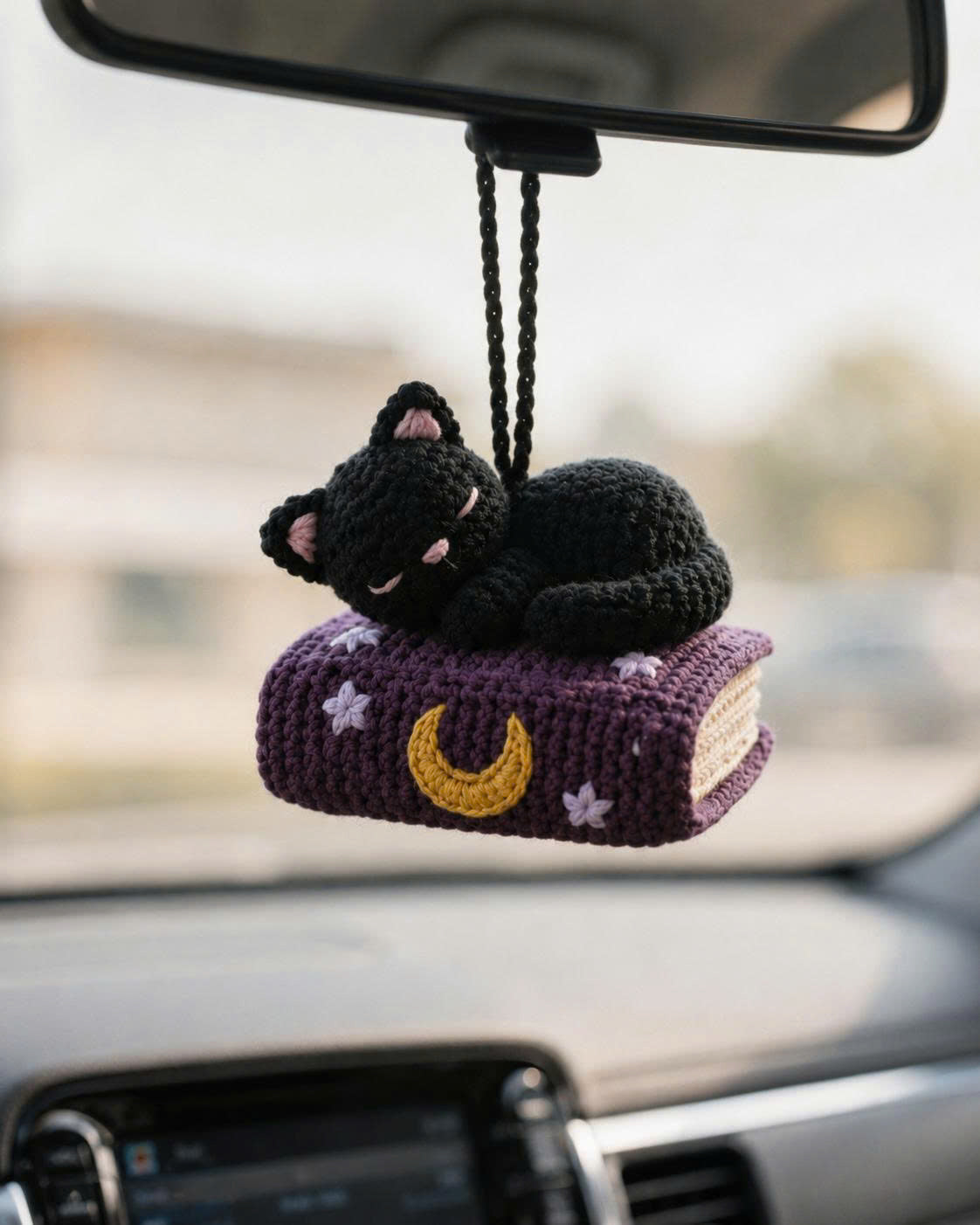 Crochet Cat Sleeping Book Car Hanging | Handmade Halloween Car Charm