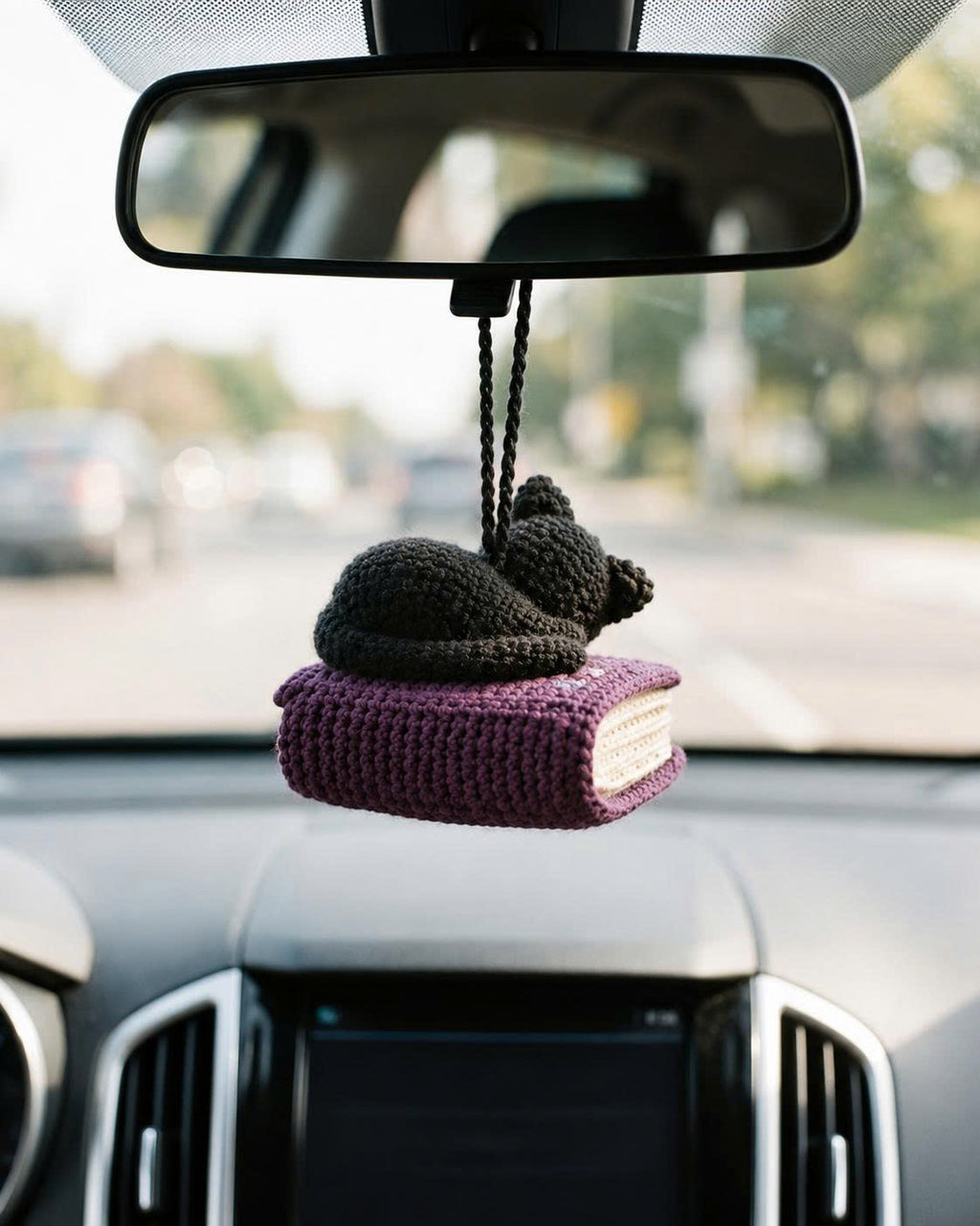 Crochet Cat Sleeping Book Car Hanging | Handmade Halloween Car Charm