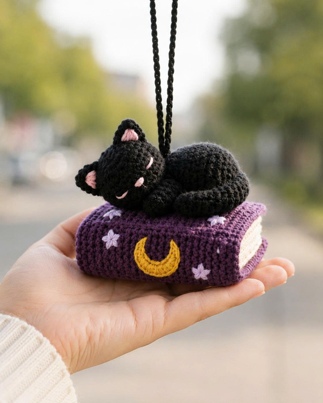 Crochet Cat Sleeping Book Car Hanging | Handmade Halloween Car Charm