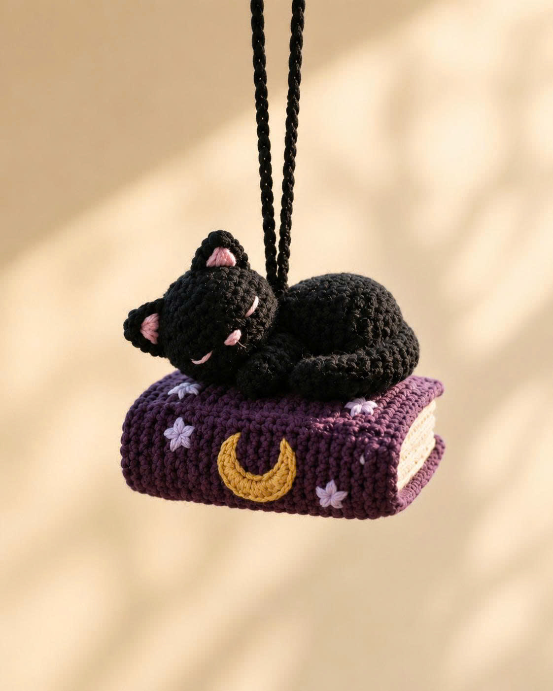 Crochet Cat Sleeping Book Car Hanging | Handmade Halloween Car Charm