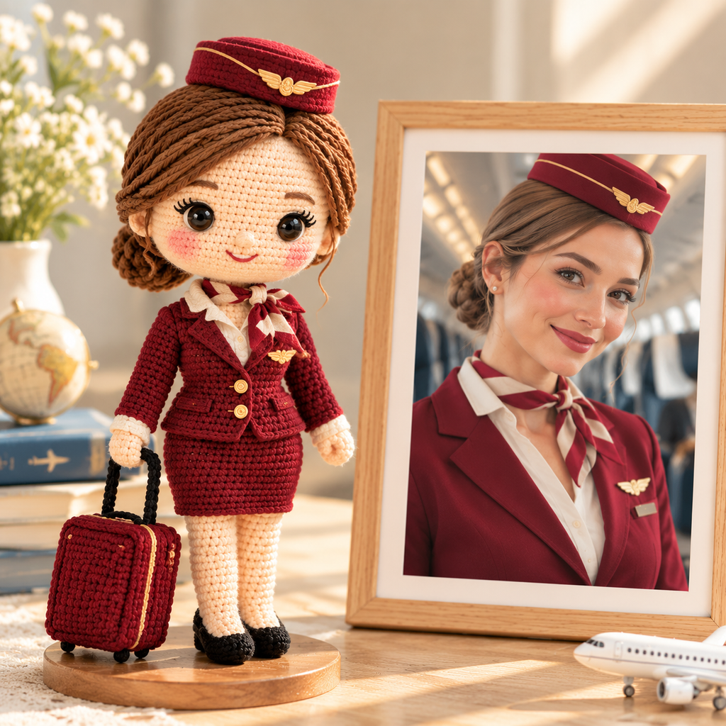Personalized Flight Attendant Crochet Doll From Photo | Custom Handmade Gift