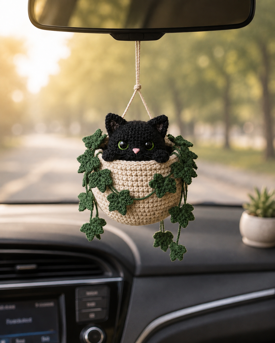 Handmade Crochet Cat Hanging Pot, Cute Halloween Gift & Car Hanging Decoration