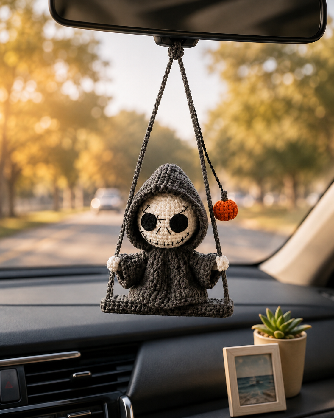 Handmade Halloween Death Car Charm Decor, Crochet Spooky Hanger Gift for Kids