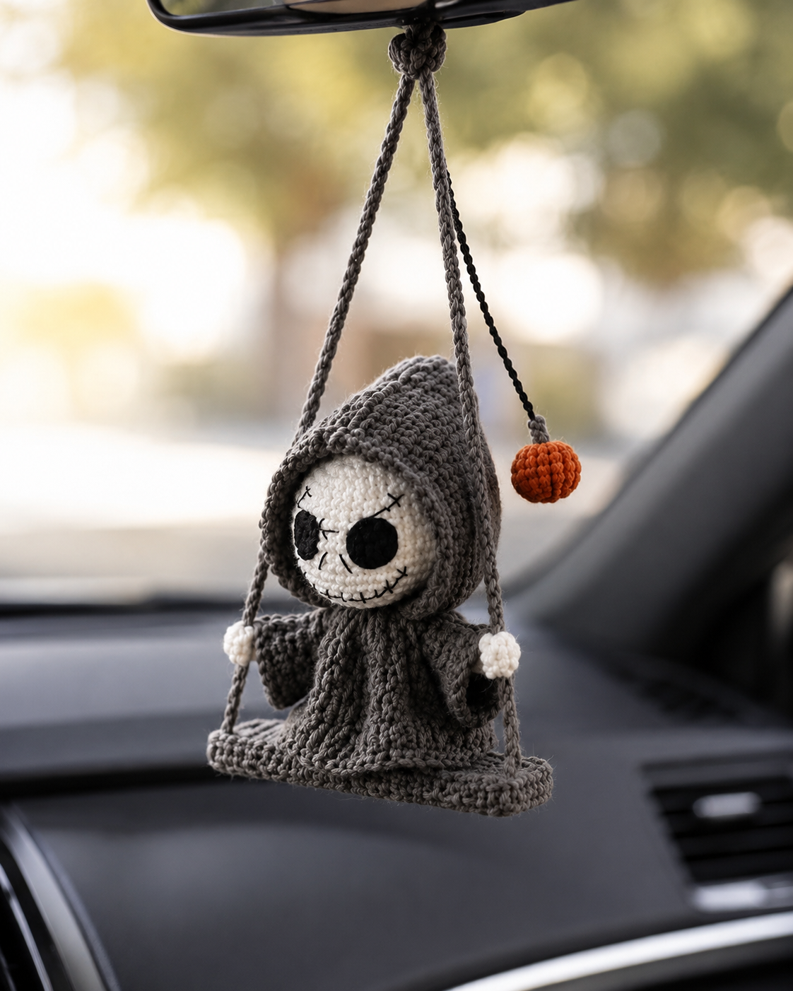 Handmade Halloween Death Car Charm Decor, Crochet Spooky Hanger Gift for Kids