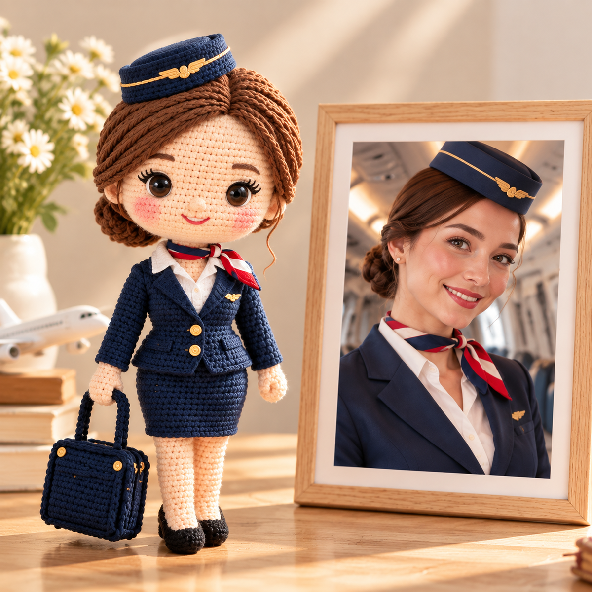 Personalized Flight Attendant Crochet Doll From Photo | Custom Handmade Gift