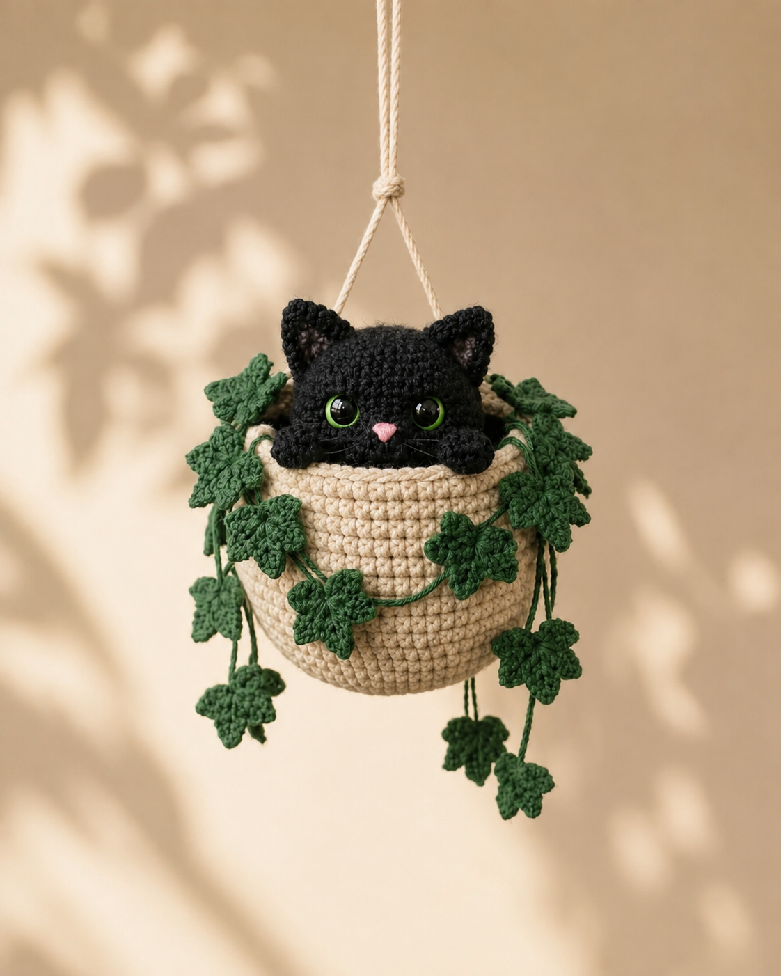 Handmade Crochet Cat Hanging Pot, Cute Halloween Gift & Car Hanging Decoration