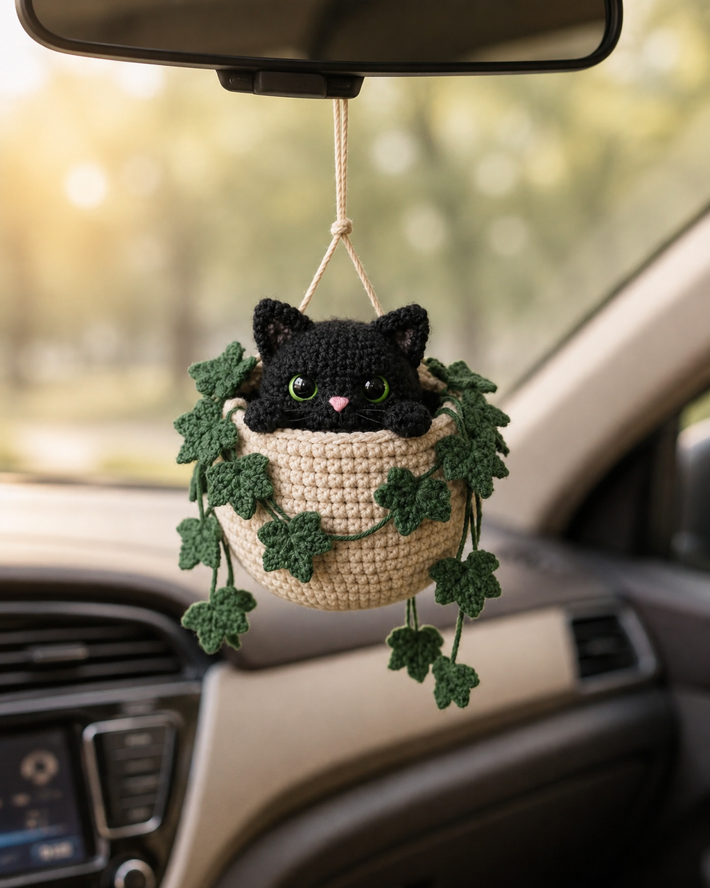 Handmade Crochet Cat Hanging Pot, Cute Halloween Gift & Car Hanging Decoration