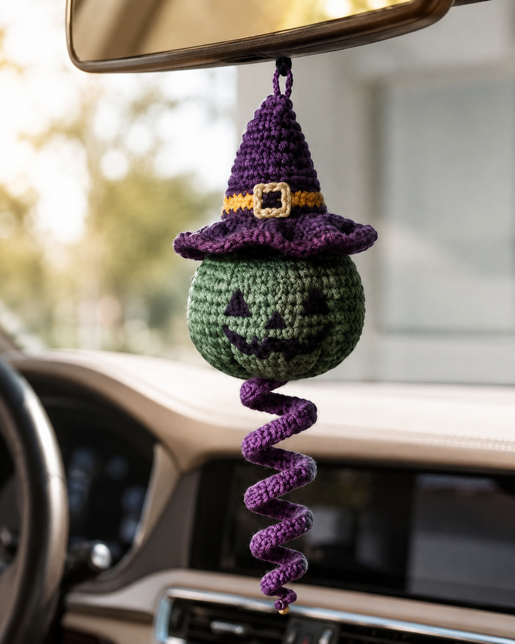 Handmade Crochet Halloween Spinning Charm, Witch Hat Pumpkin Car Hanging Decor and Gift