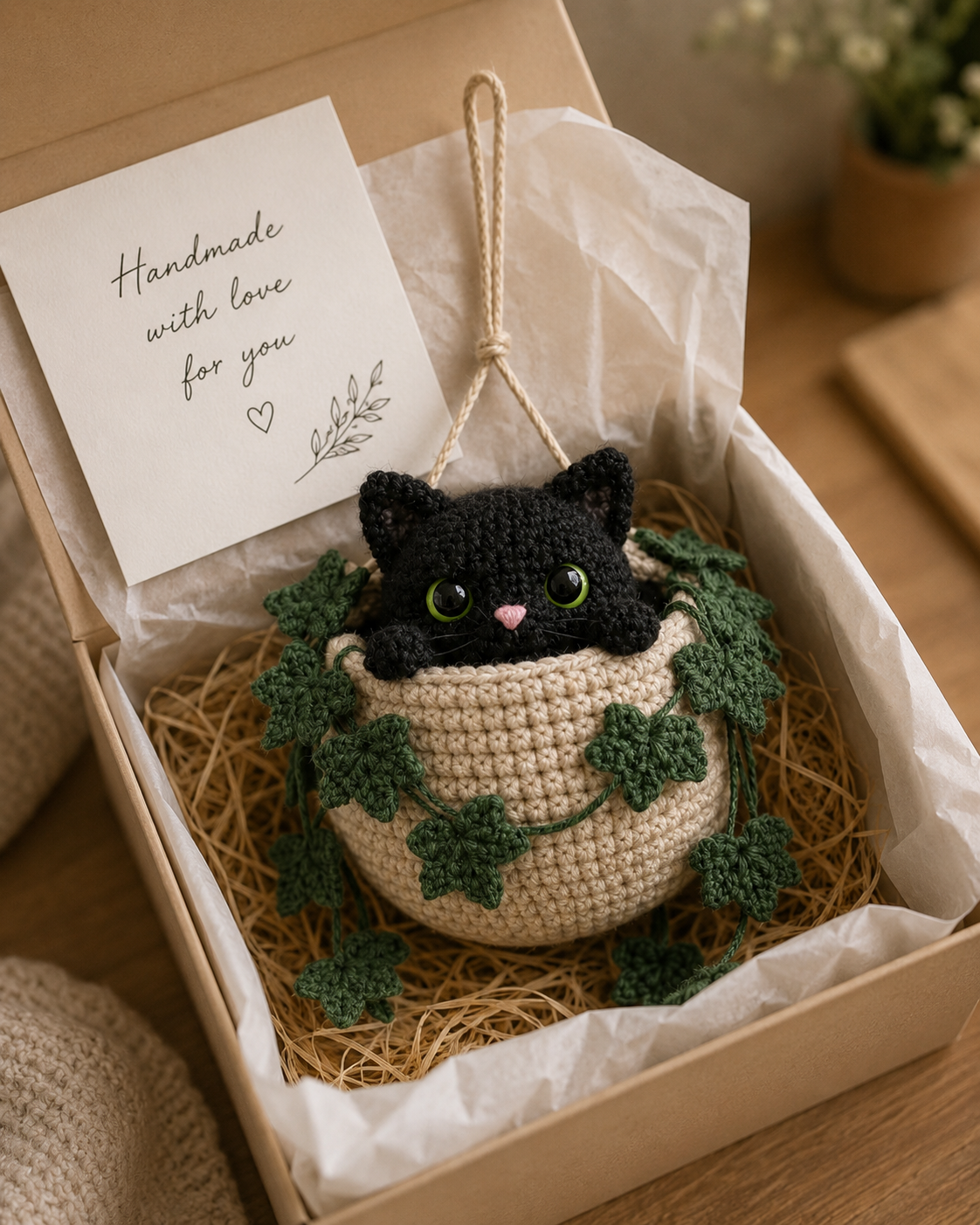 Handmade Crochet Cat Hanging Pot, Cute Halloween Gift & Car Hanging Decoration