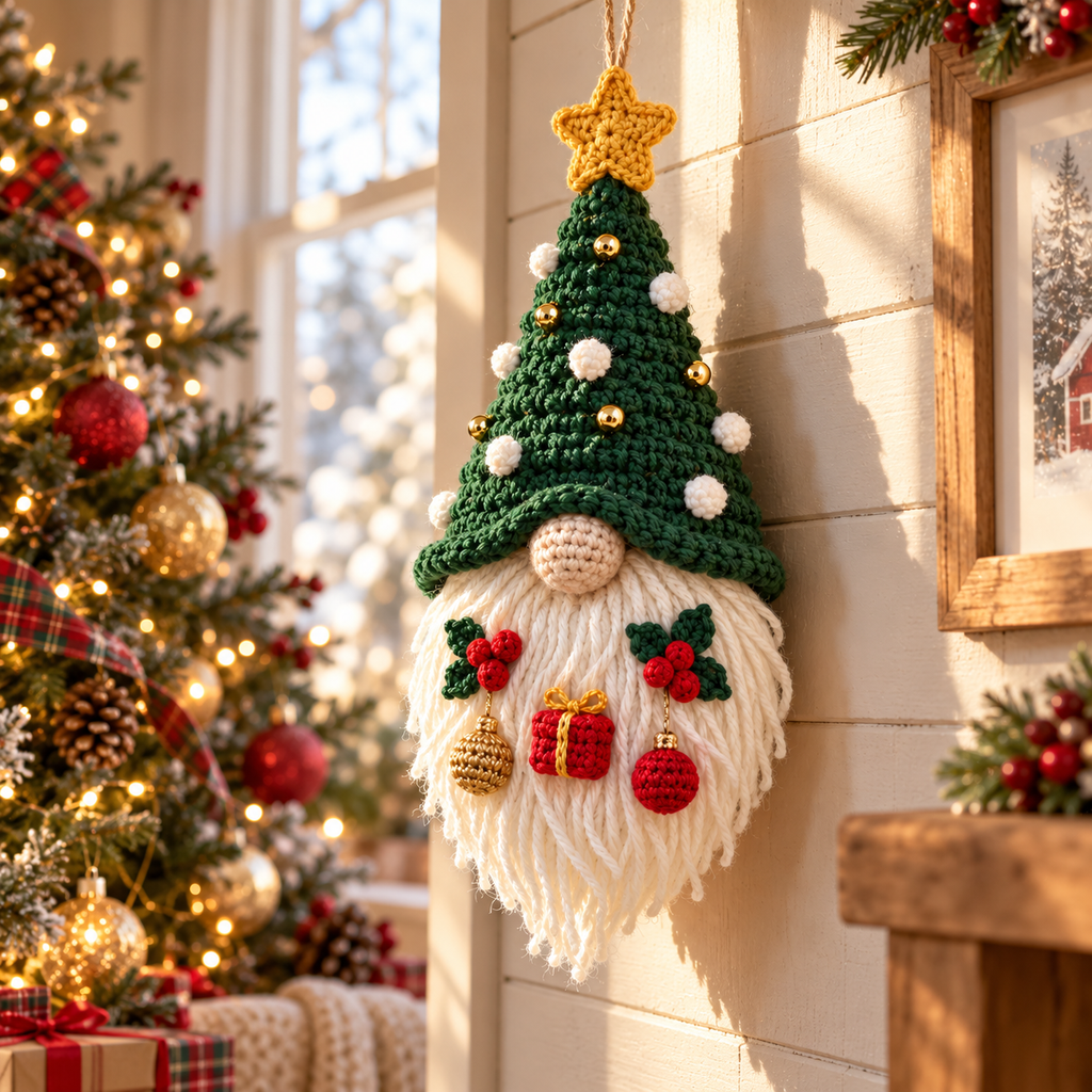 Crochet Christmas Gnome Hanging Decoration | Handmade Holiday Door Decor