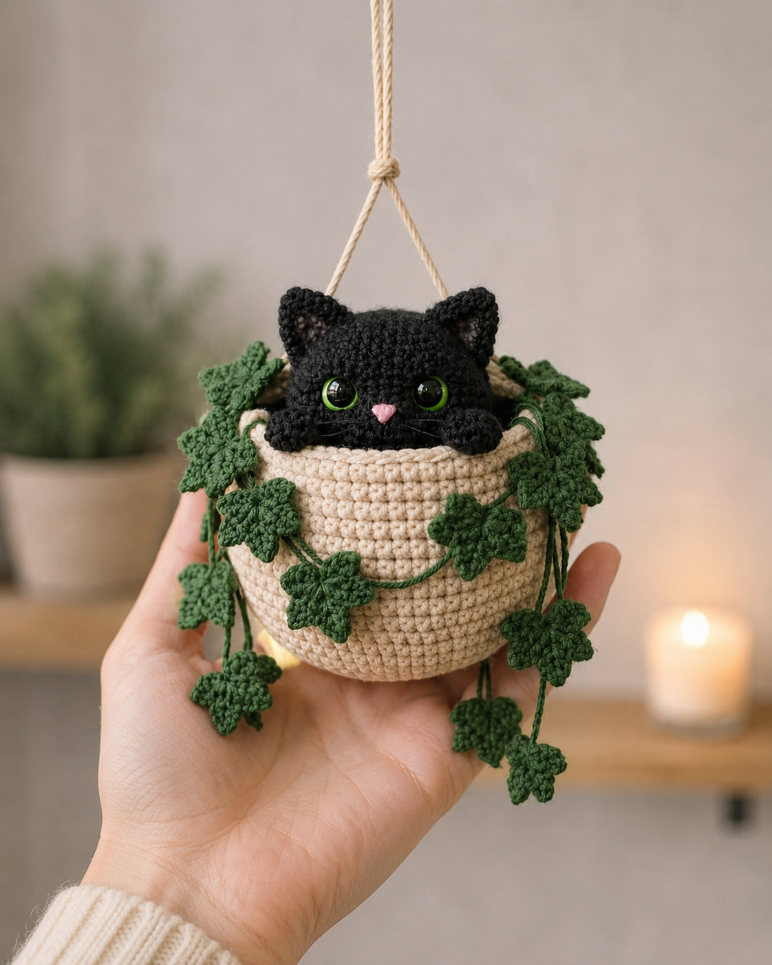 Handmade Crochet Cat Hanging Pot, Cute Halloween Gift & Car Hanging Decoration