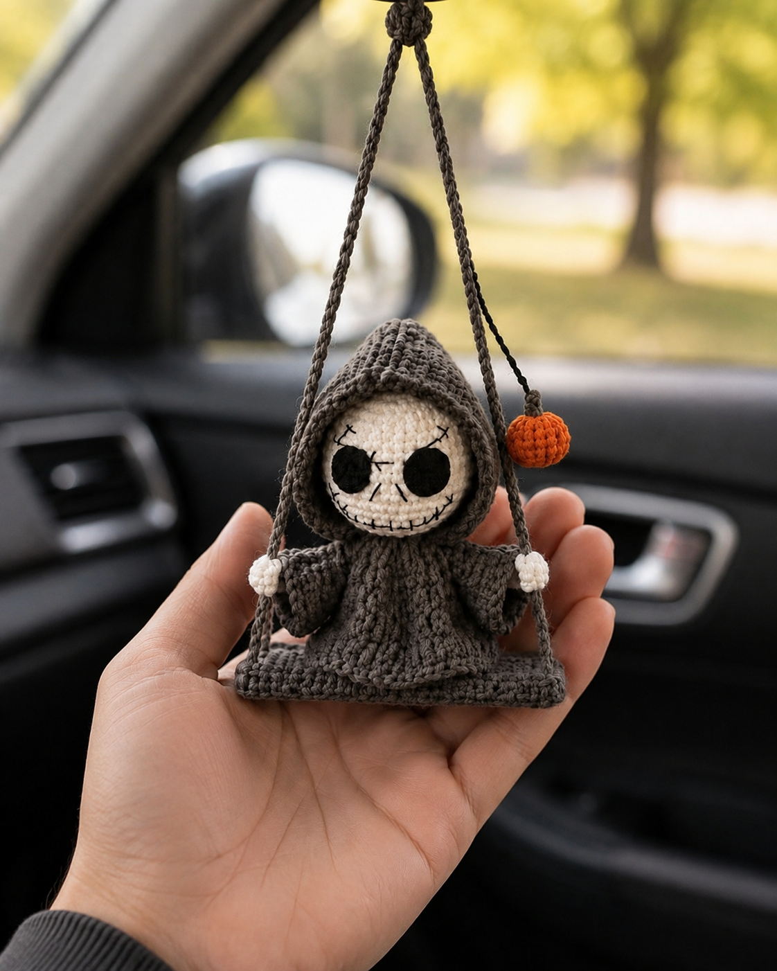 Handmade Halloween Death Car Charm Decor, Crochet Spooky Hanger Gift for Kids