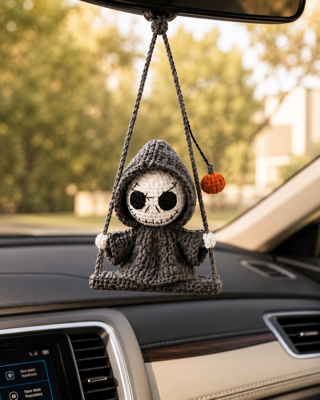 Handmade Halloween Death Car Charm Decor, Crochet Spooky Hanger Gift for Kids