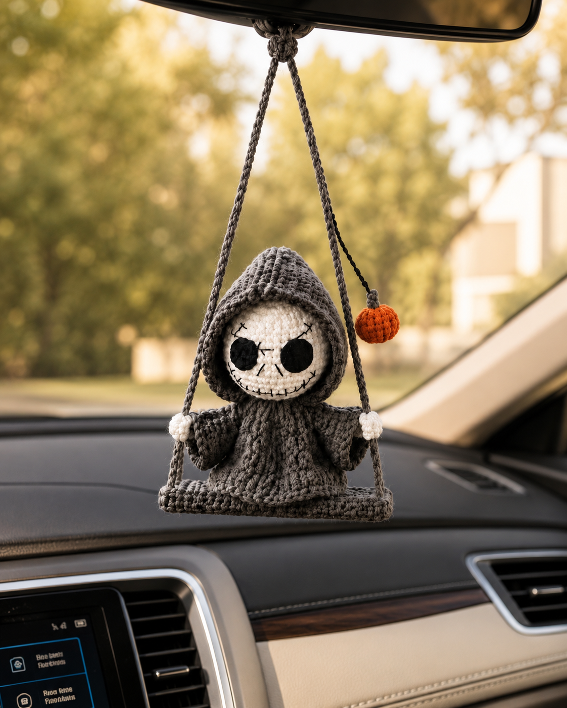 Handmade Halloween Death Car Charm Decor, Crochet Spooky Hanger Gift for Kids