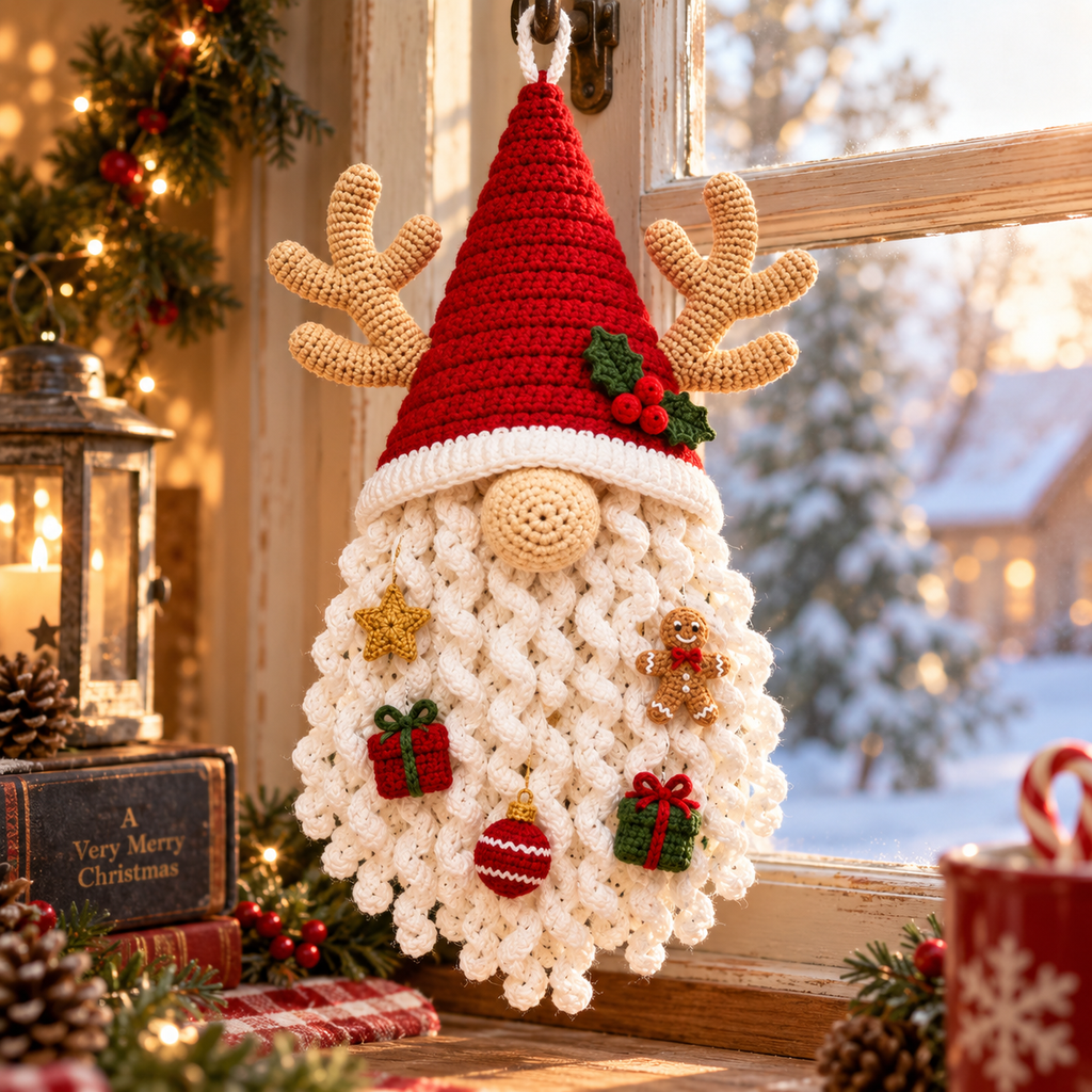 Crochet Christmas Gnome Door Hanging - Handmade Holiday Decor