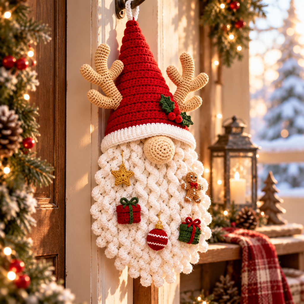 Crochet Christmas Gnome Door Hanging - Handmade Holiday Decor