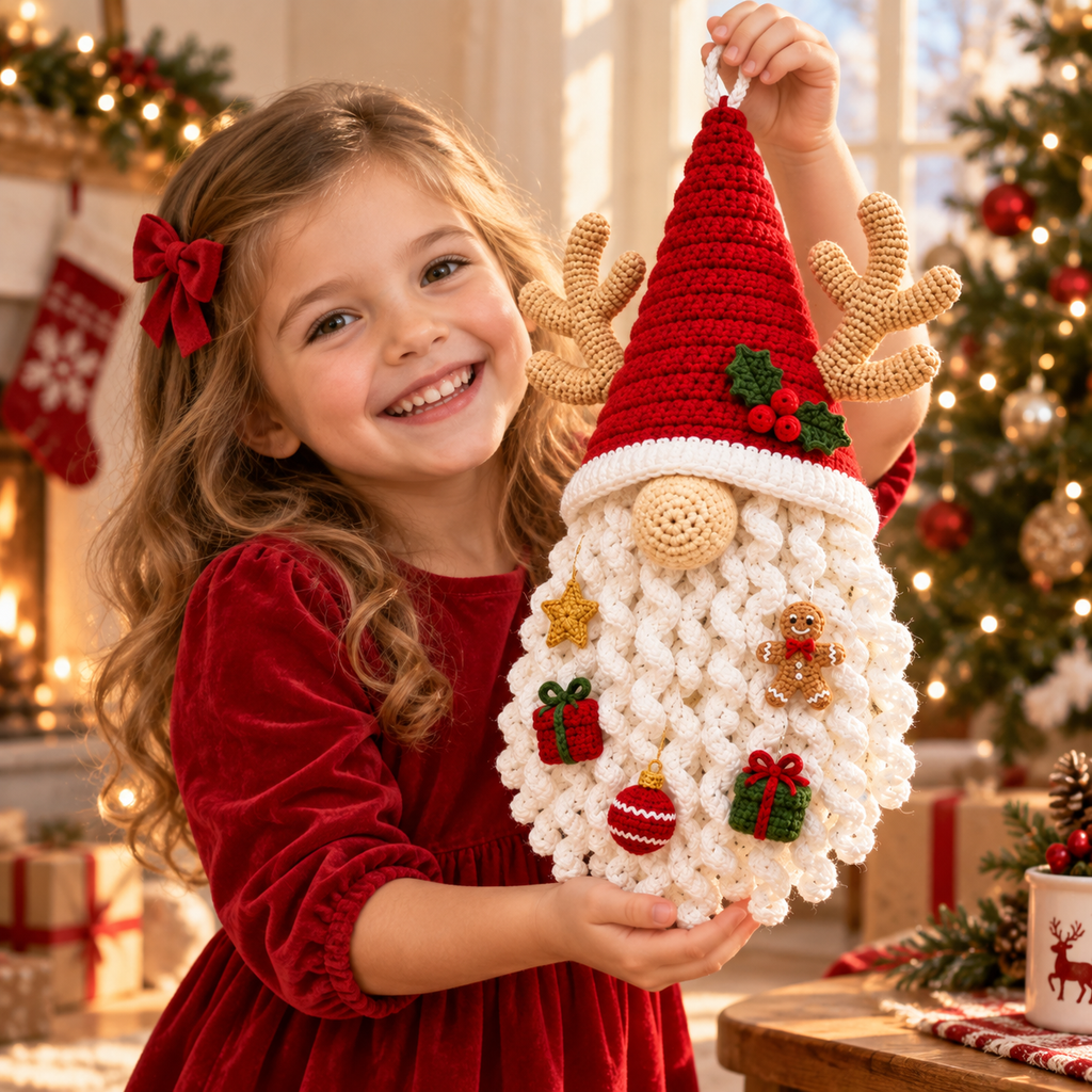 Crochet Christmas Gnome Door Hanging - Handmade Holiday Decor