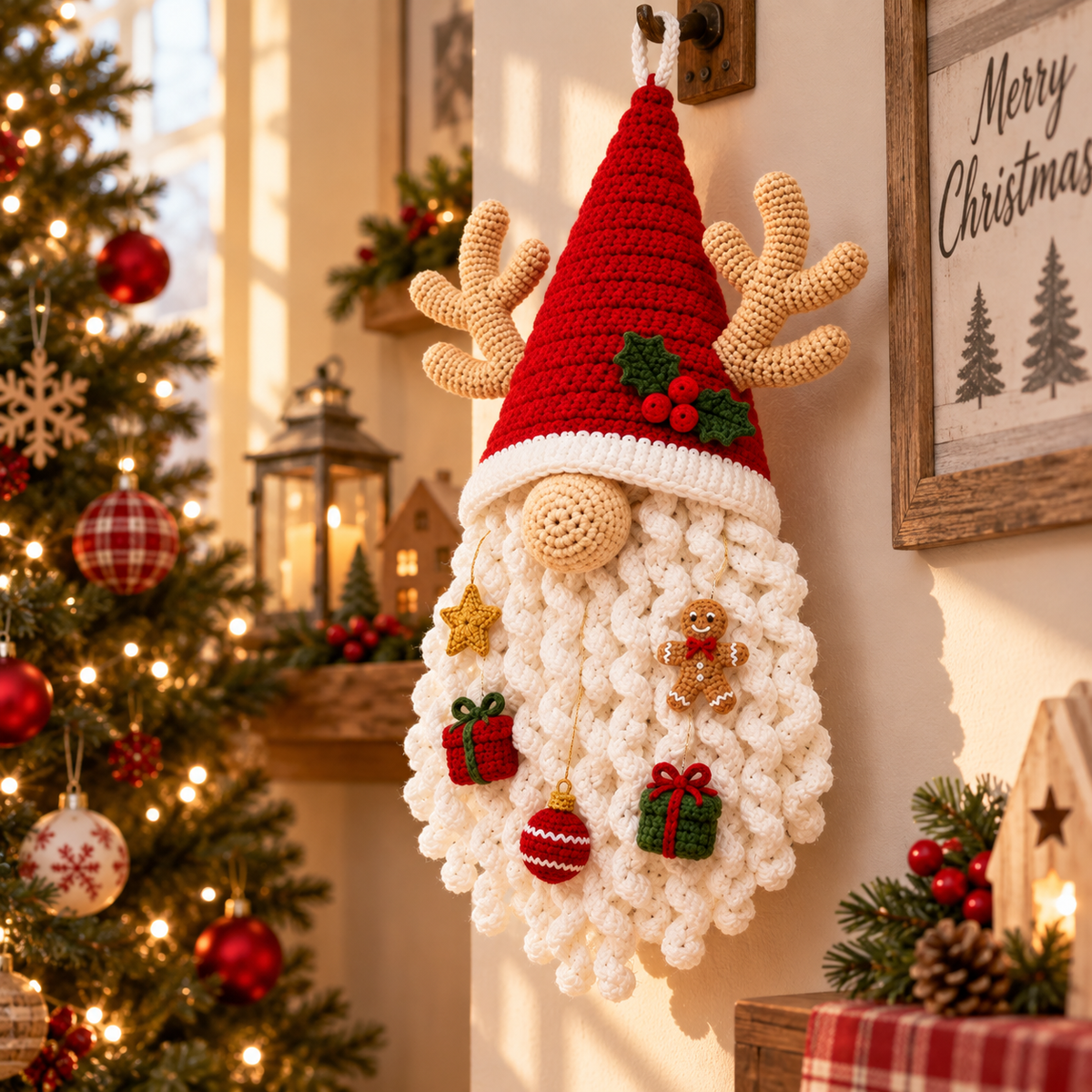 Crochet Christmas Gnome Door Hanging - Handmade Holiday Decor