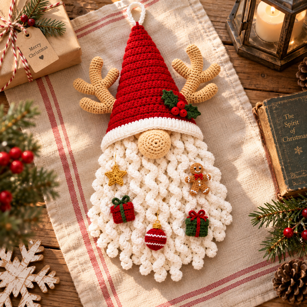 Crochet Christmas Gnome Door Hanging - Handmade Holiday Decor