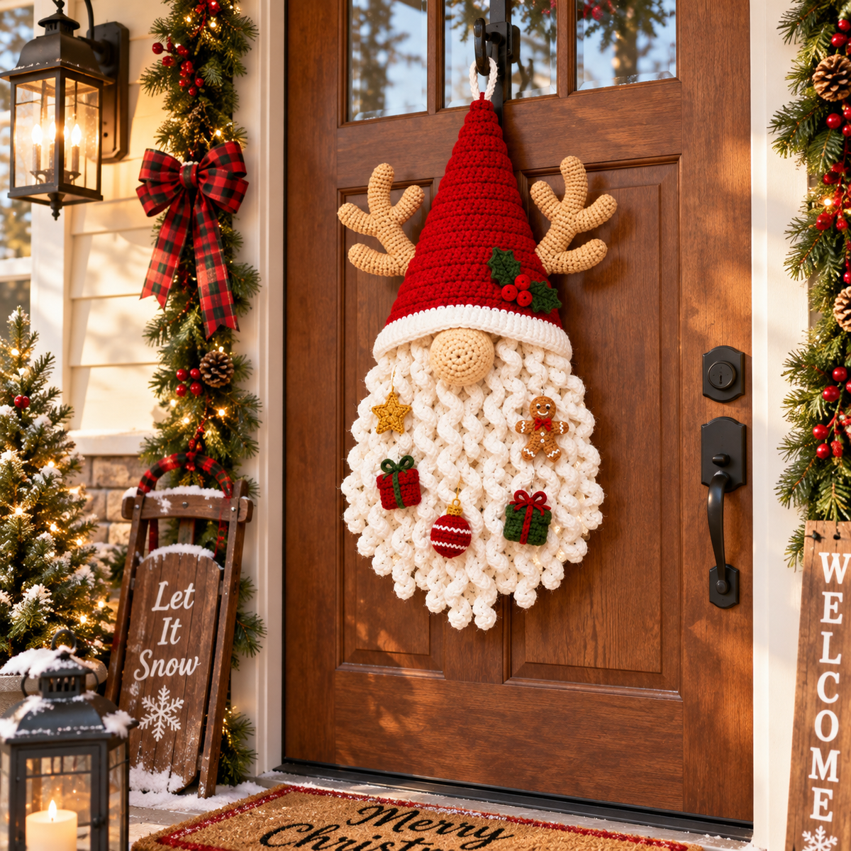 Crochet Christmas Gnome Door Hanging - Handmade Holiday Decor