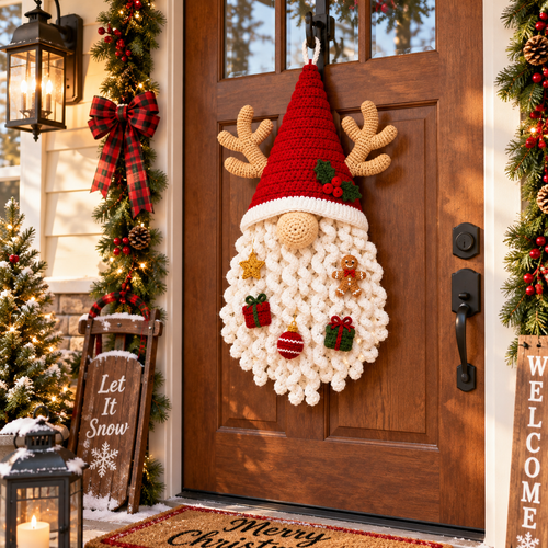 Crochet Christmas Gnome Door Hanging - Handmade Holiday Decor