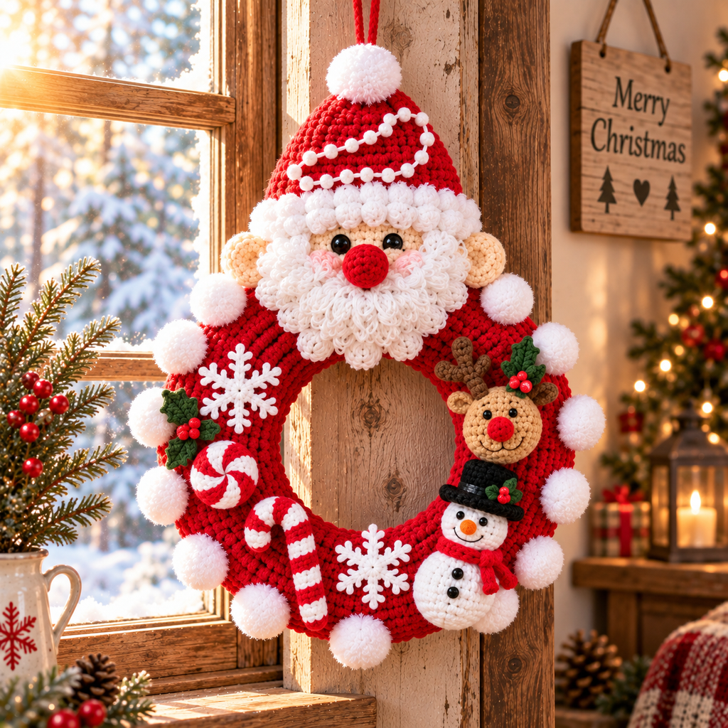 Santa Christmas Wreath – Handmade Crochet Door Decor