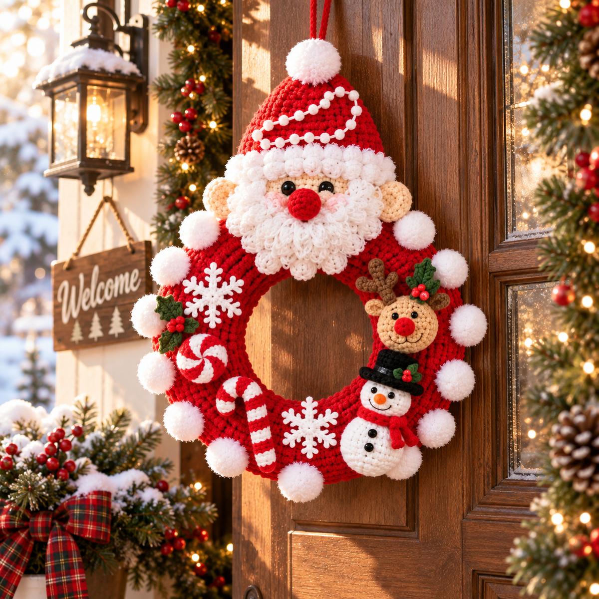 Santa Christmas Wreath – Handmade Crochet Door Decor