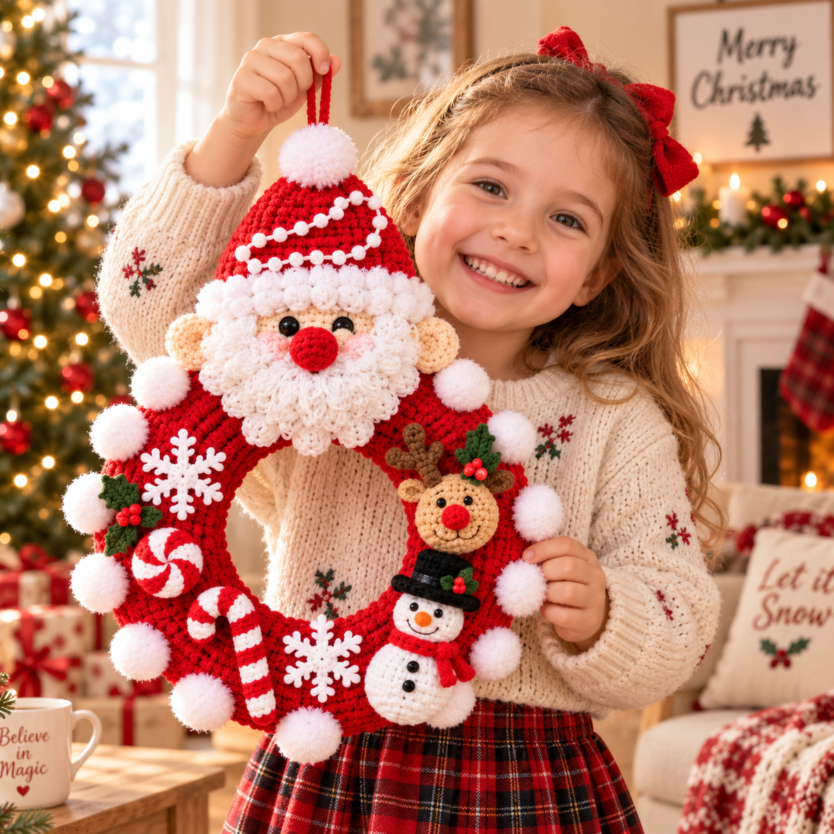 Santa Christmas Wreath – Handmade Crochet Door Decor