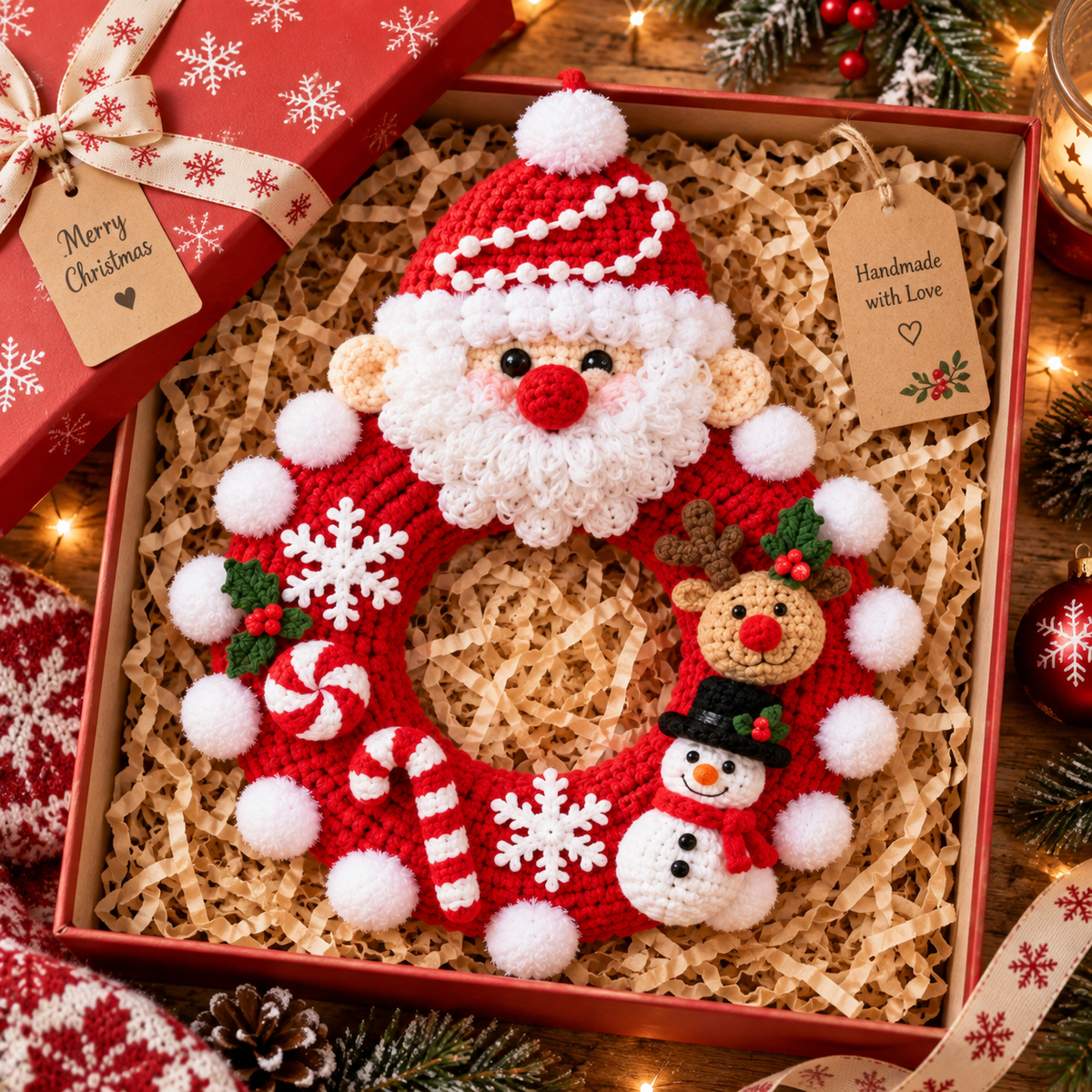 Santa Christmas Wreath – Handmade Crochet Door Decor
