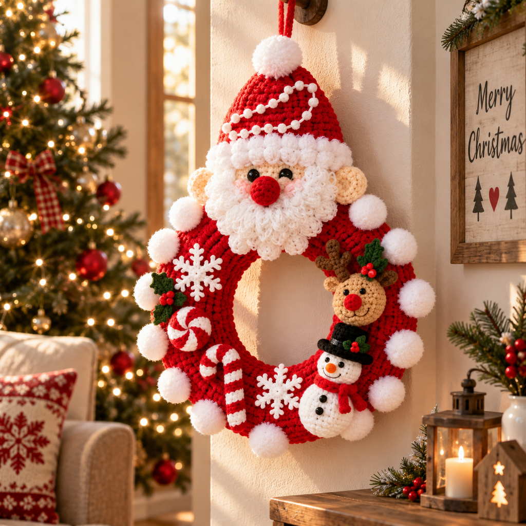 Santa Christmas Wreath – Handmade Crochet Door Decor