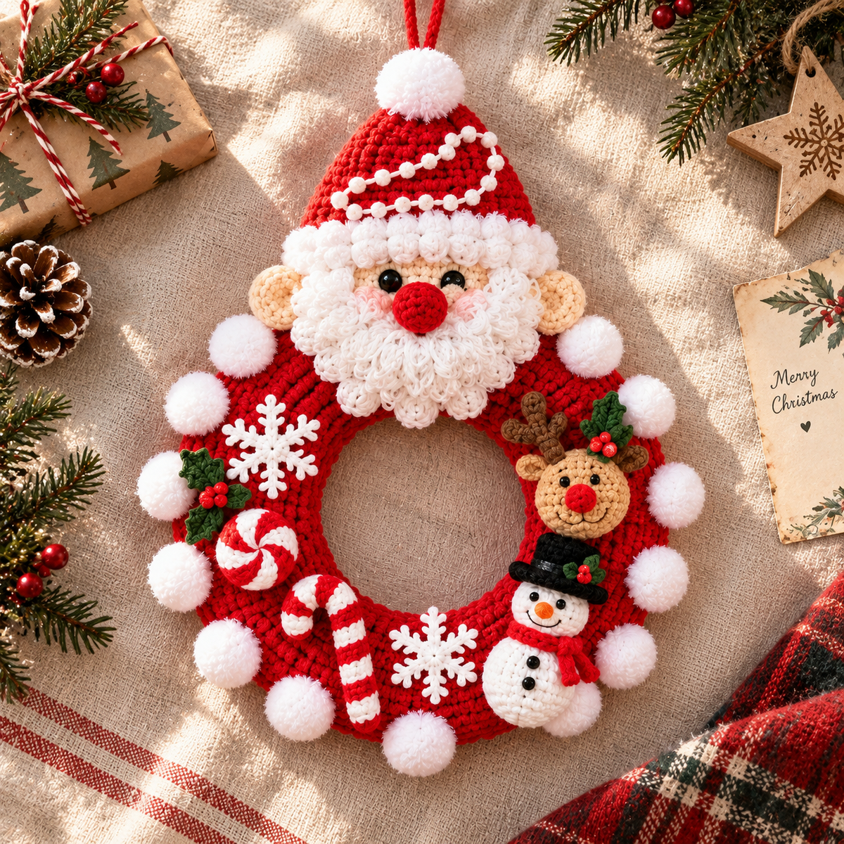 Santa Christmas Wreath – Handmade Crochet Door Decor