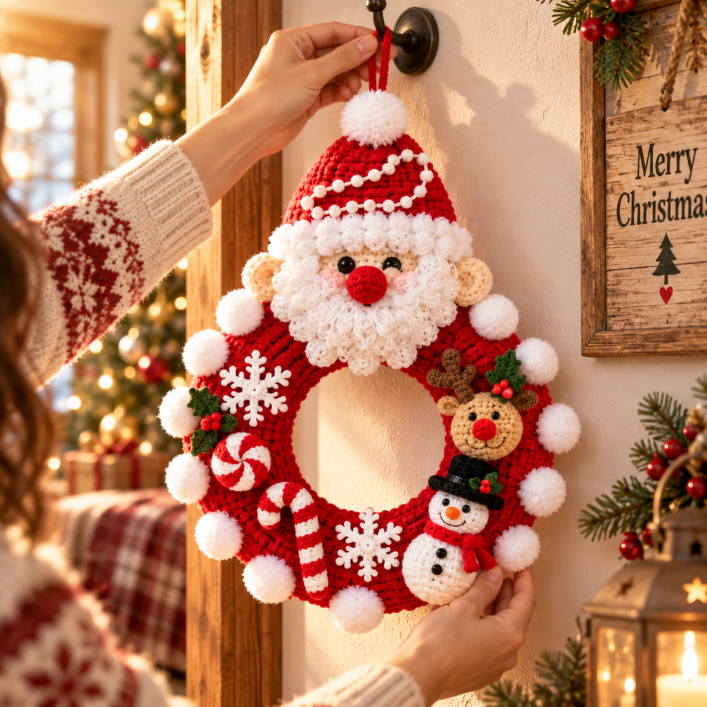 Santa Christmas Wreath – Handmade Crochet Door Decor