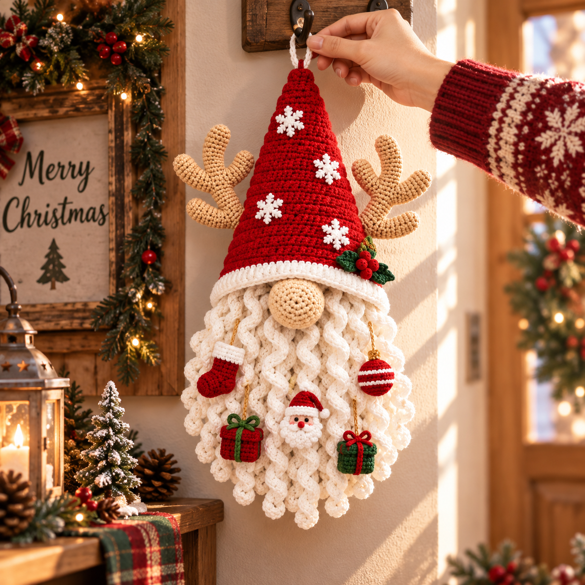 Santa Christmas Door Hanging | Handmade Crochet Holiday Decoration
