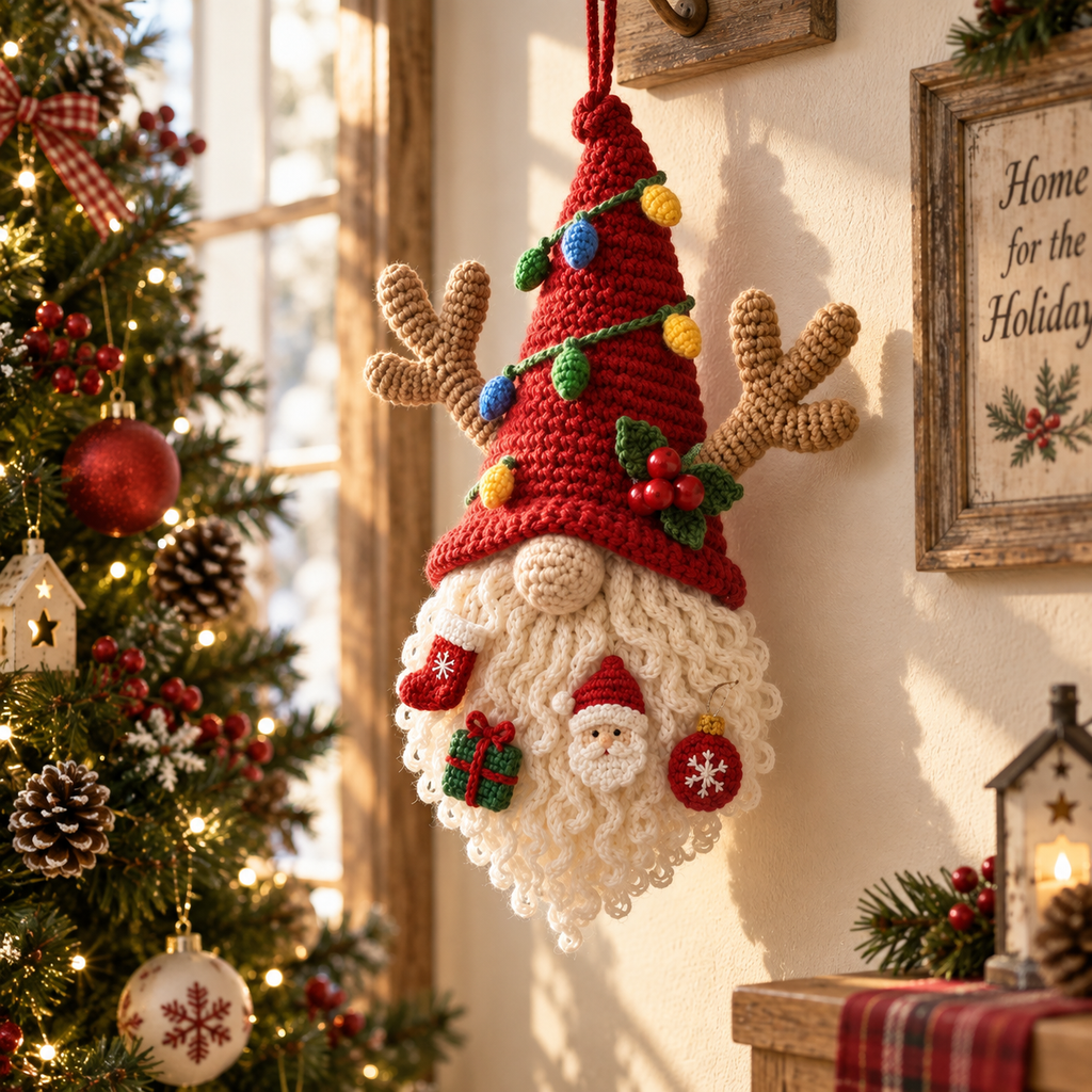 Handmade Christmas Wall Hanging | Crochet Holiday Gnome Decor &amp; Winter Gift