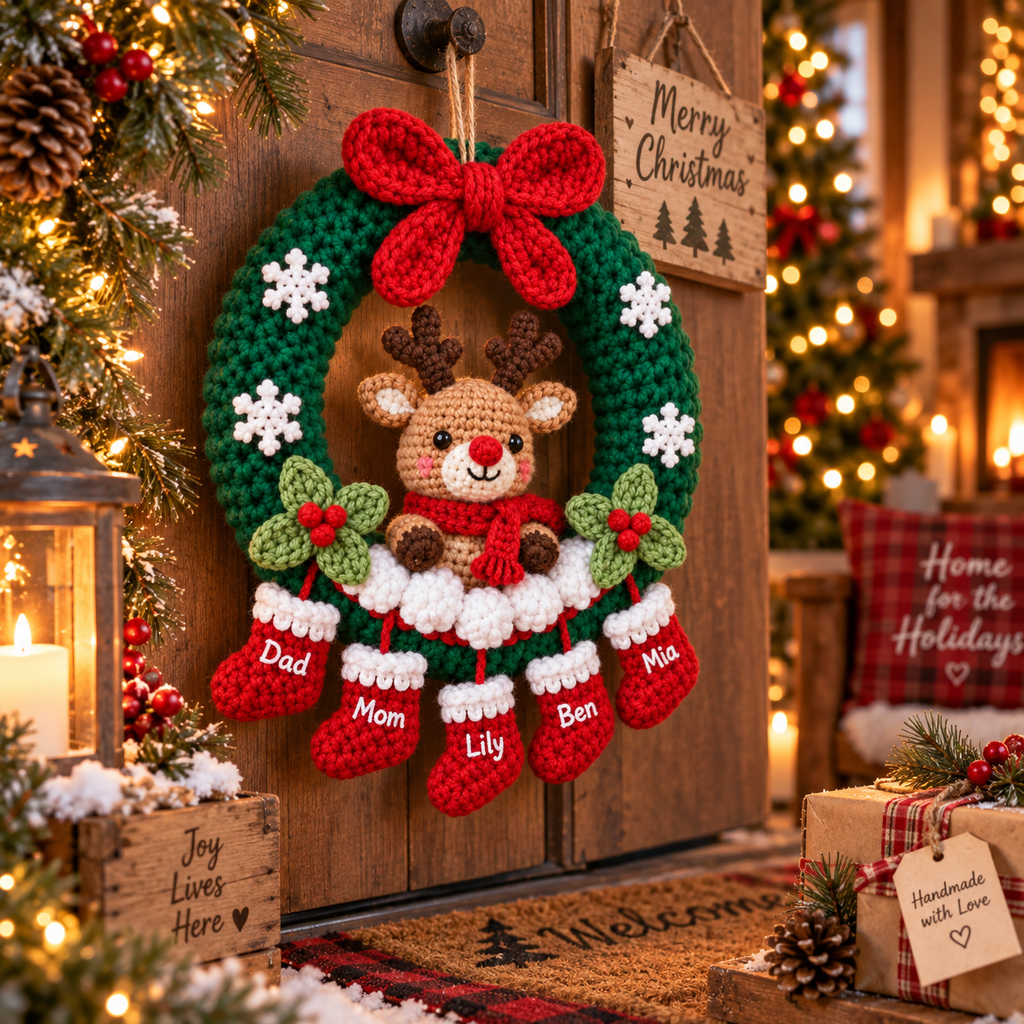 Personalized Christmas Wreath – Reindeer Family Door Decor