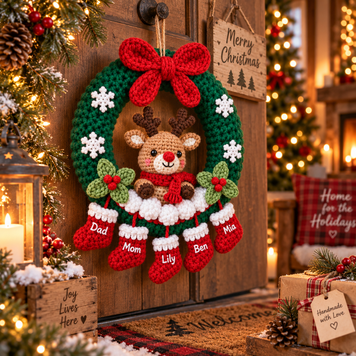 Personalized Christmas Wreath – Reindeer Family Door Decor