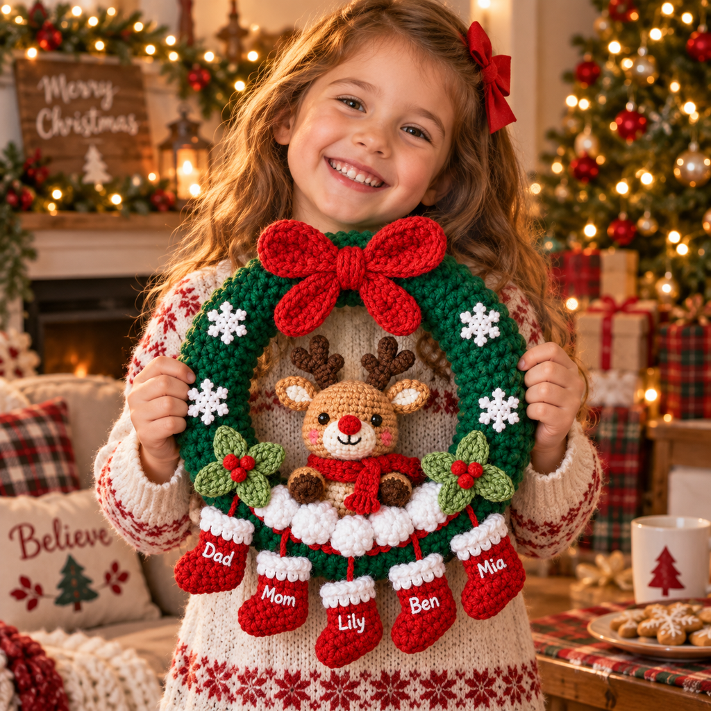 Personalized Christmas Wreath – Reindeer Family Door Decor