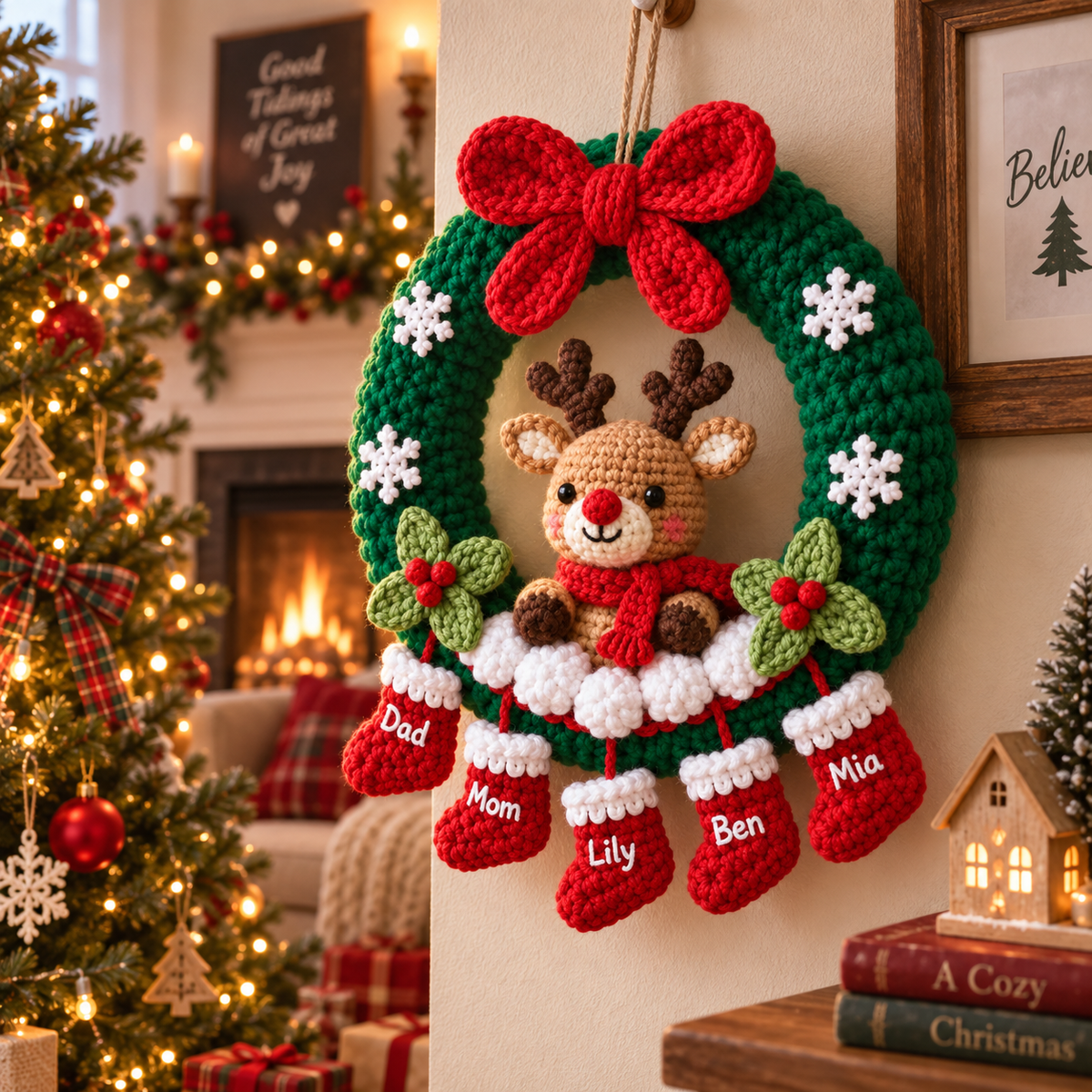 Personalized Christmas Wreath – Reindeer Family Door Decor