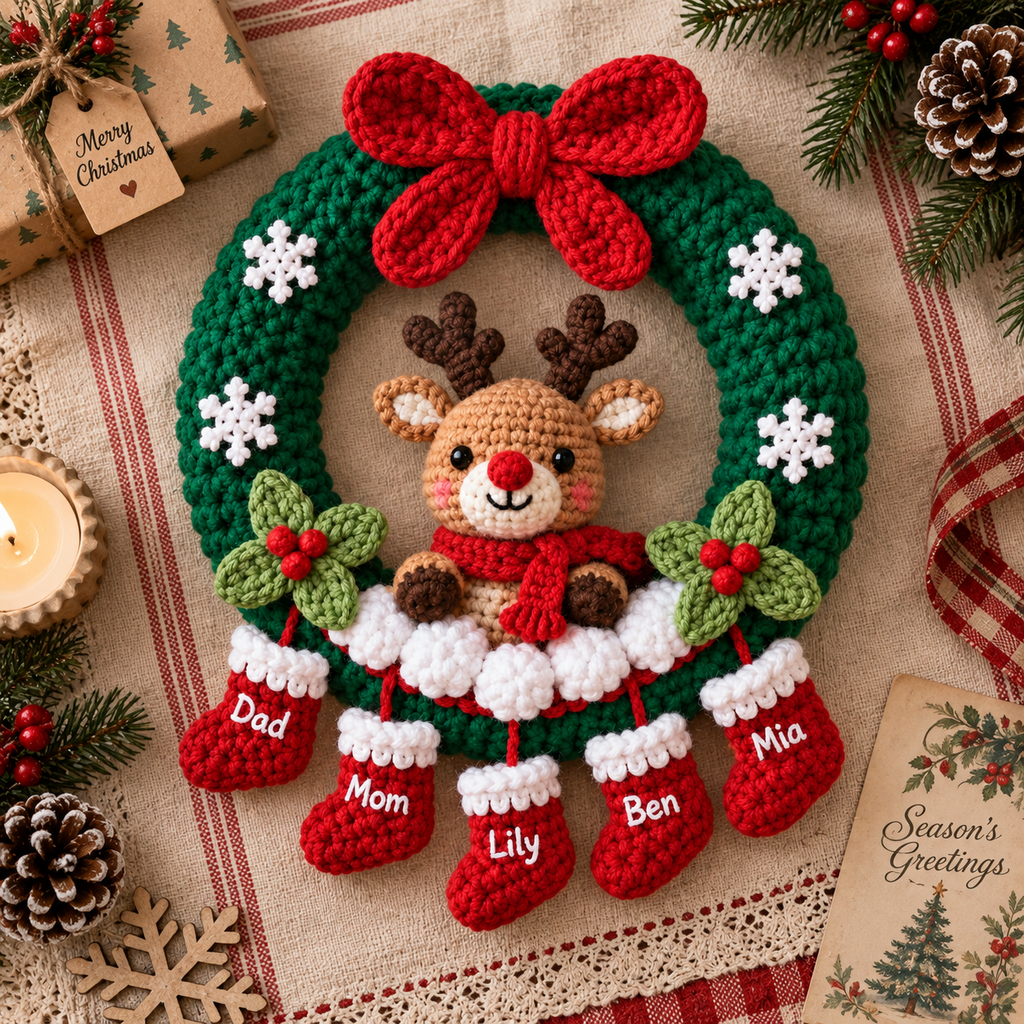 Personalized Christmas Wreath – Reindeer Family Door Decor