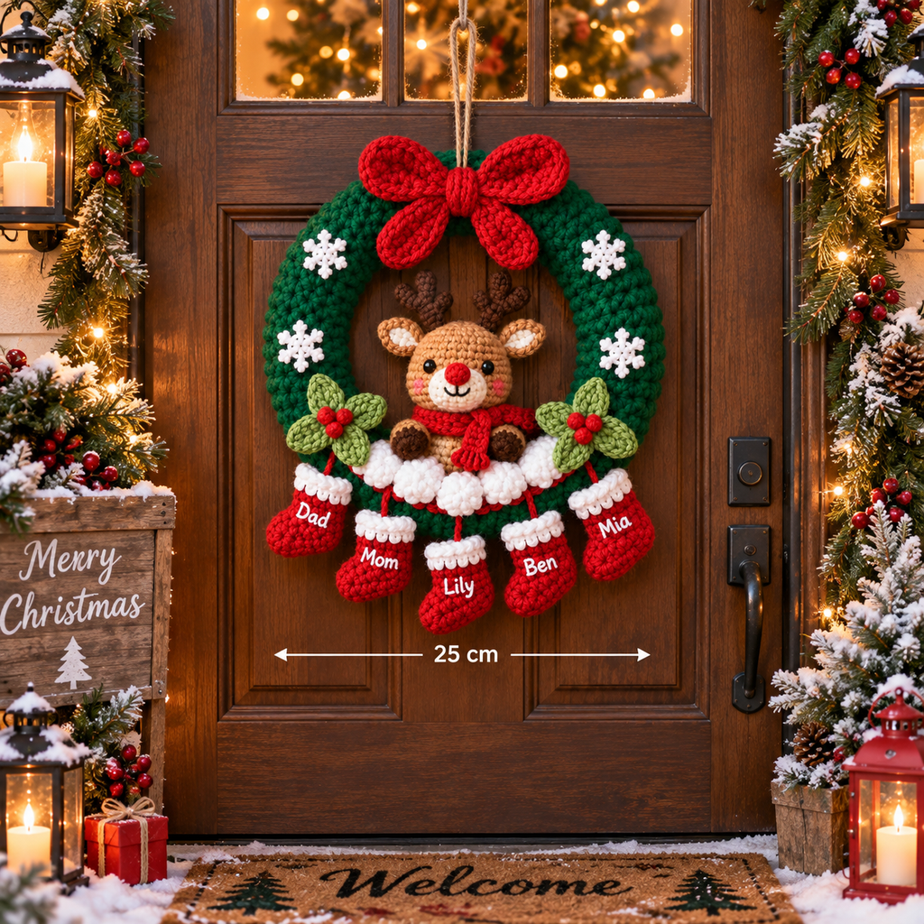 Personalized Christmas Wreath – Reindeer Family Door Decor